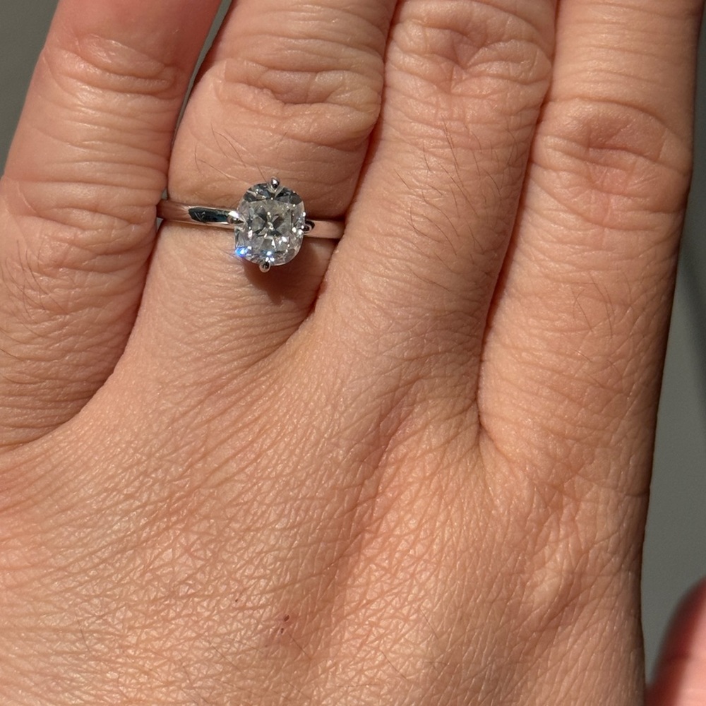 9k white gold 1.5 ct old European cut 
cushion solitaire moissanite ring